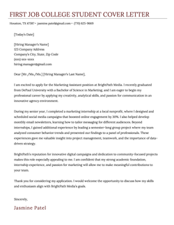 A cover letter example for a college student applying to their first job.