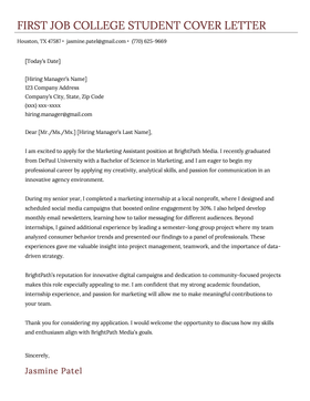 A cover letter example for a college student applying to their first job.