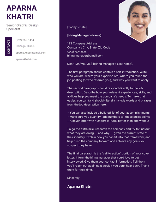 Colorful Creative Cover Letter Template, violet and white colors used, vertical headings, with headshot.