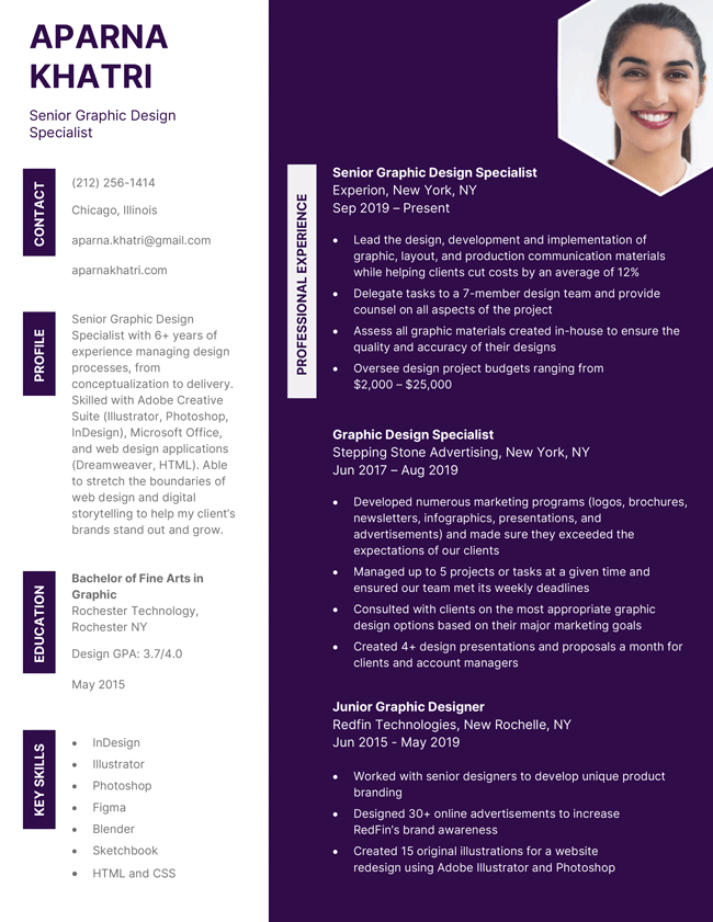Colorful Creative Resume Template, violet and white colors used, vertical headings, with headshot