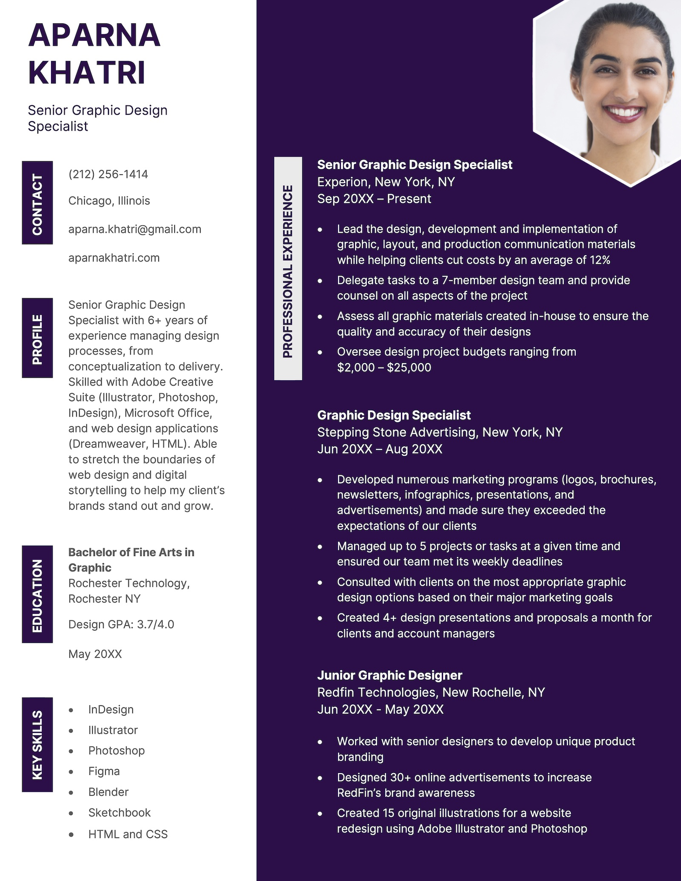A visual resume template with a bold purple background.