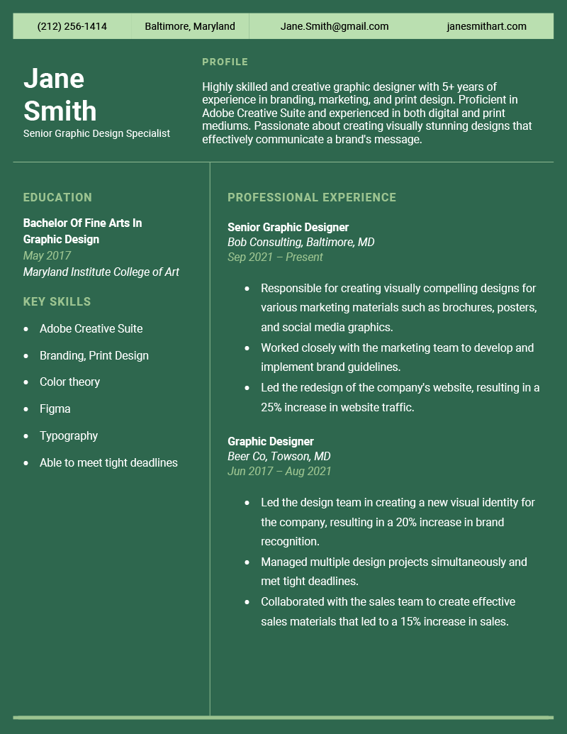 An example of a graphic designer resume with a full-color background