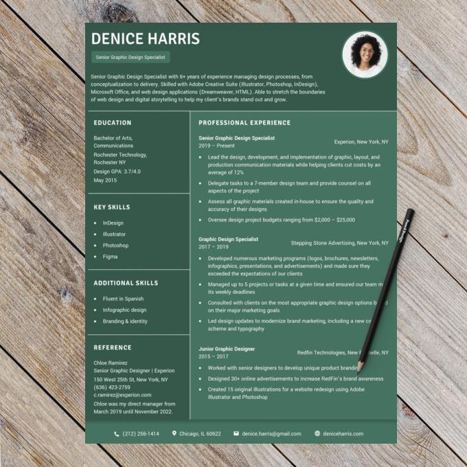 A green resume template with white text and a photo in the top right corner.