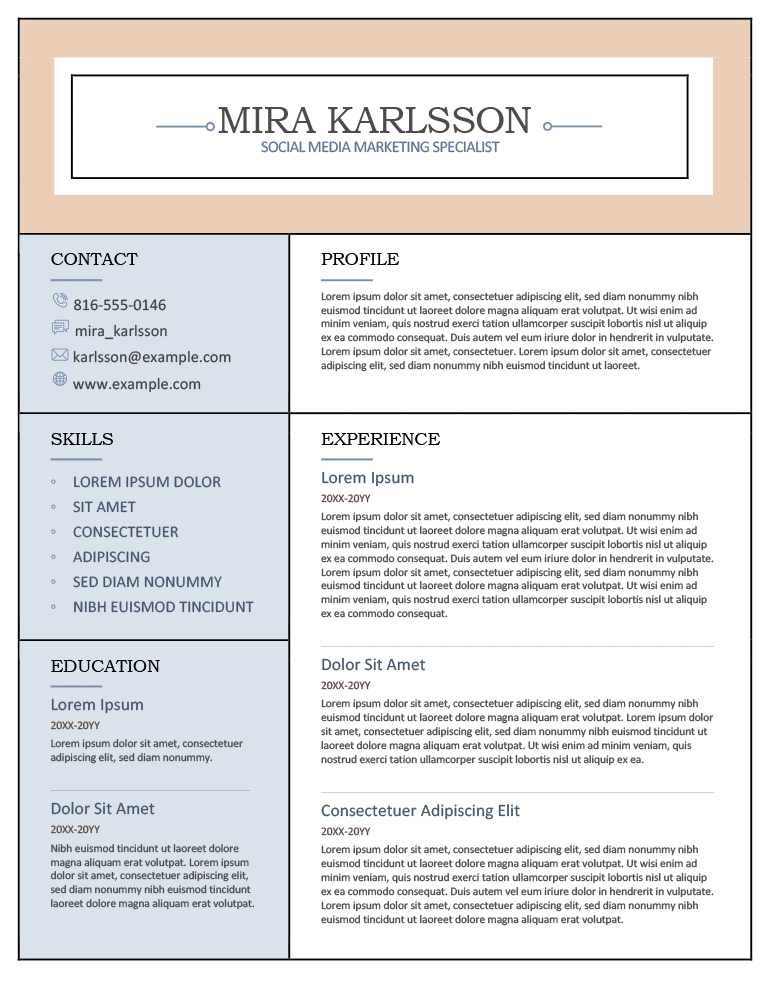 An example of the "Columns" resume template for MS Word