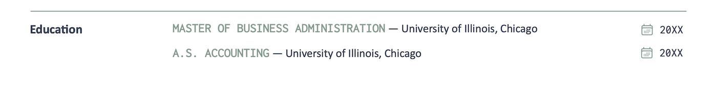 An example education section from a combination resume.