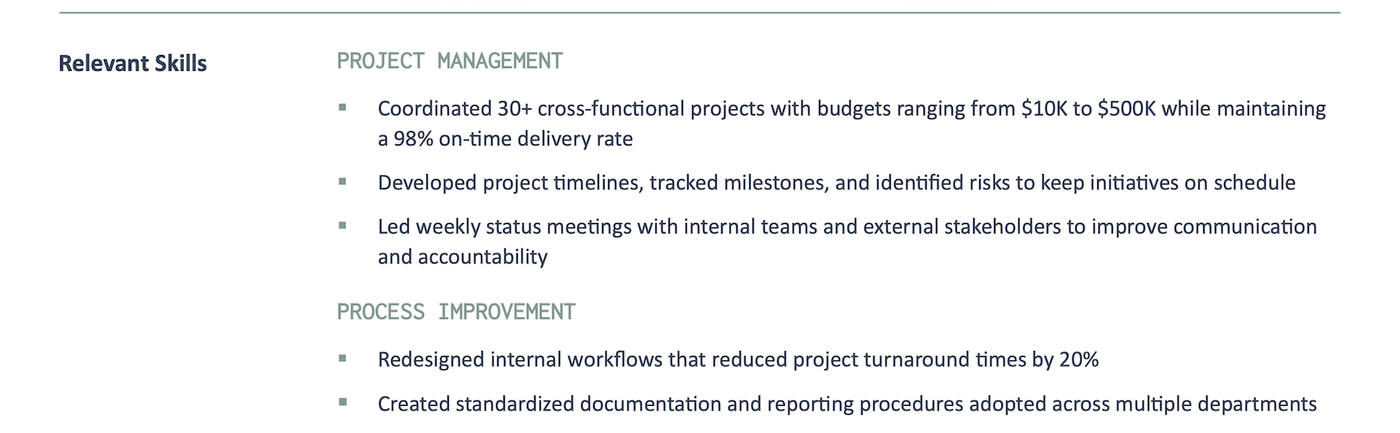 An example skills section from a combination resume.
