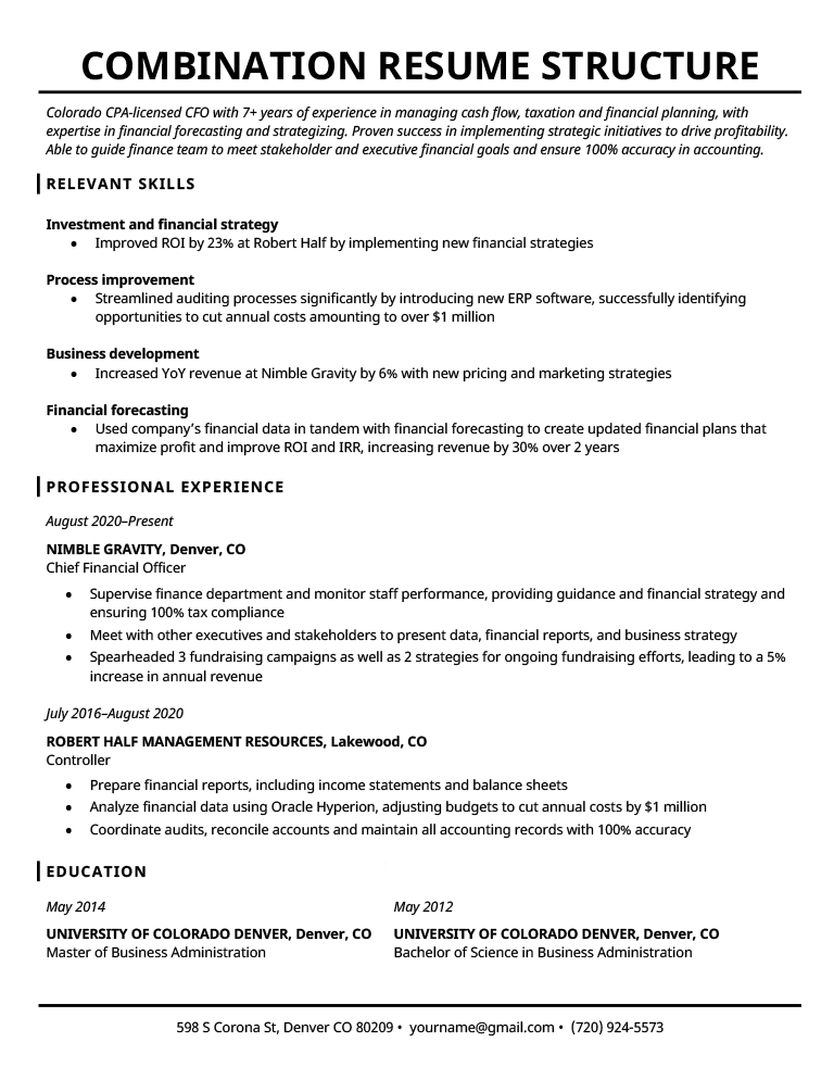 A combination resume structure example on a template with a black header
