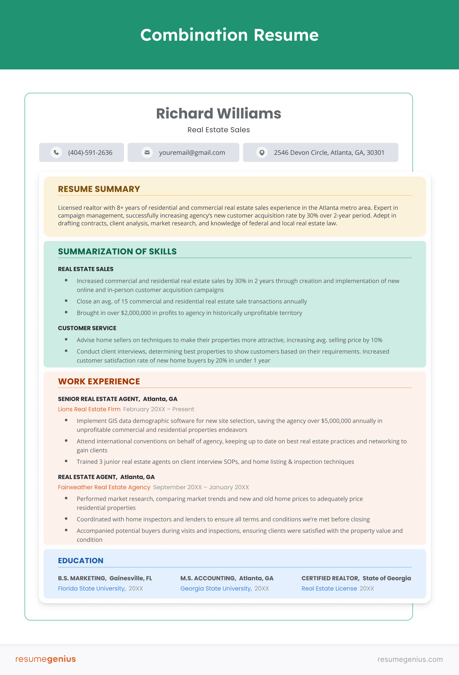 An example showing the structure of a combination resume