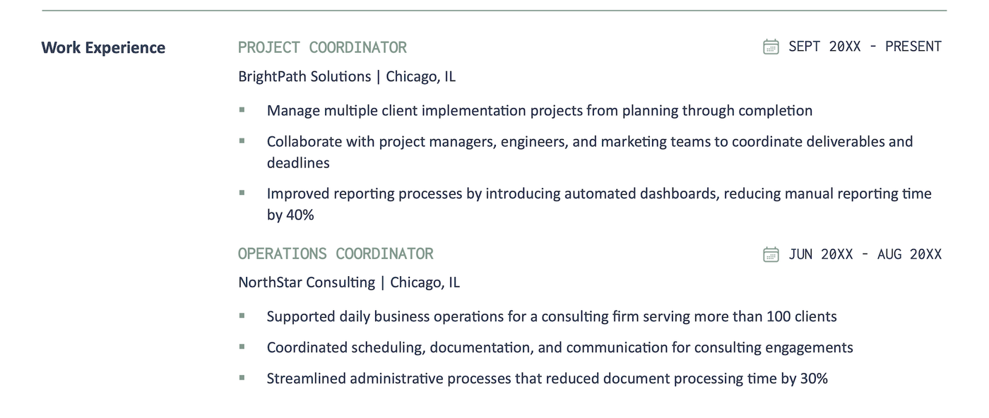 An example work experience section from a combination resume.