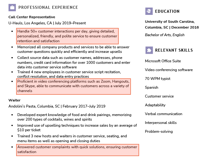 An example of communication skills highlighted in the experience section of a resume