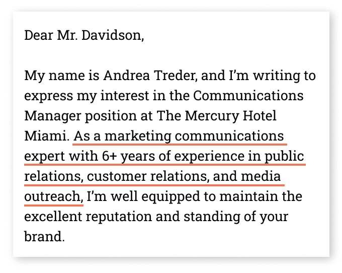 A communications cover letter introduction with the applicant’s years of experience and areas of expertise underlined in red.