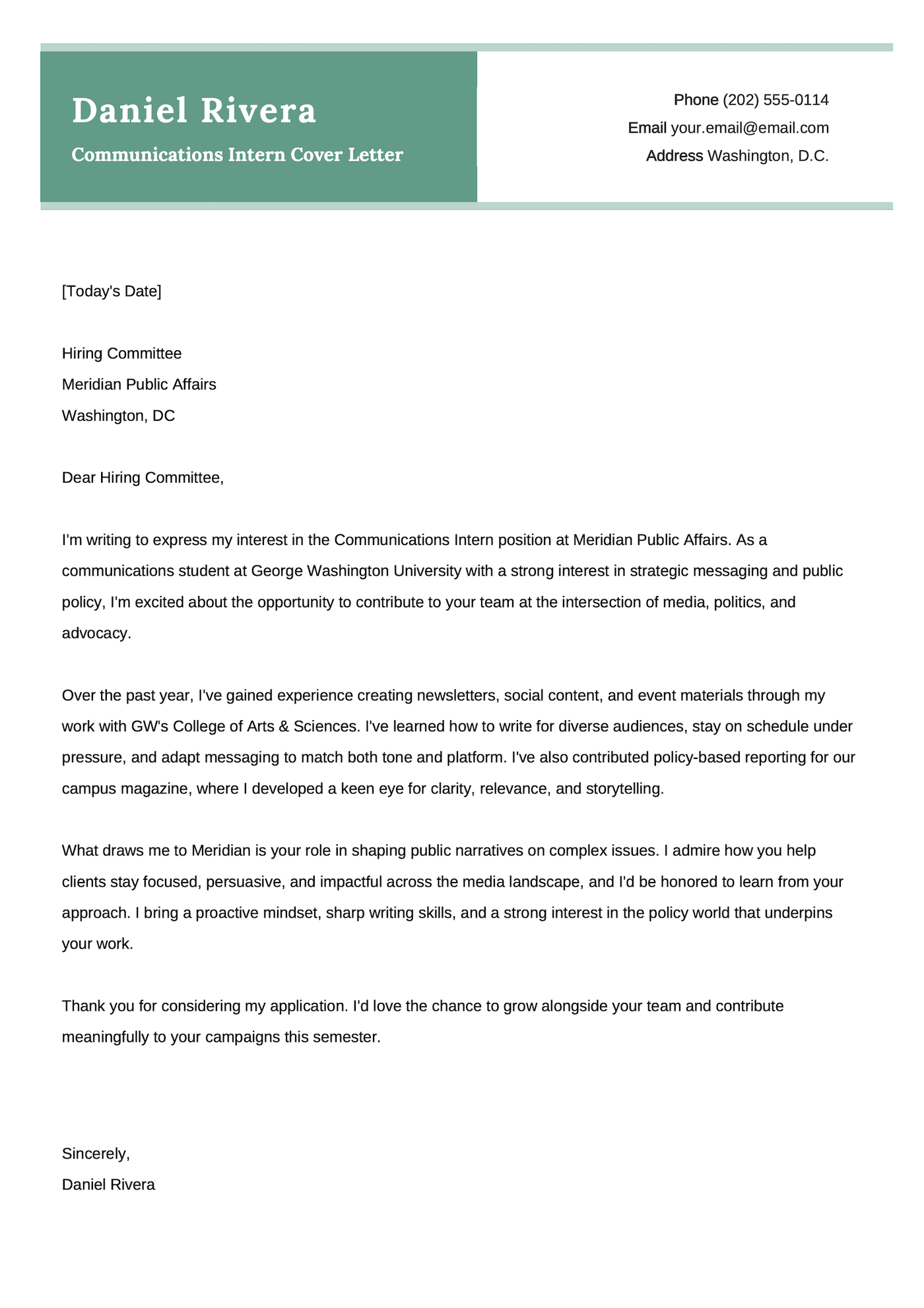 A cover letter example for a communications internship.
