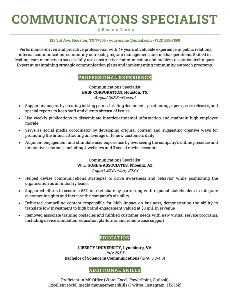 Communications Specialist Resume Example & Free Template