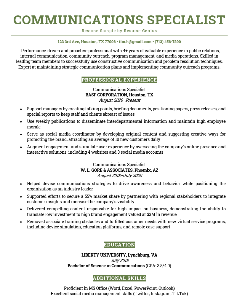 A communications specialist resume sample with green header text and sections for the applicant's introduction, professional experience, education, and additional skills