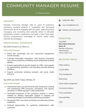 A community manager resume sample with a green header and sections for the applicant's summary and professional experience taking up two-thirds of the page on the left, and a sidebar with the applicant's contact information, education, and relevant skills on the right