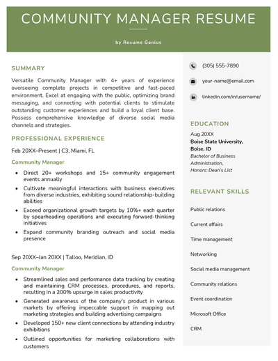 A community manager resume sample with a green header and sections for the applicant's summary and professional experience taking up two-thirds of the page on the left, and a sidebar with the applicant's contact information, education, and relevant skills on the right