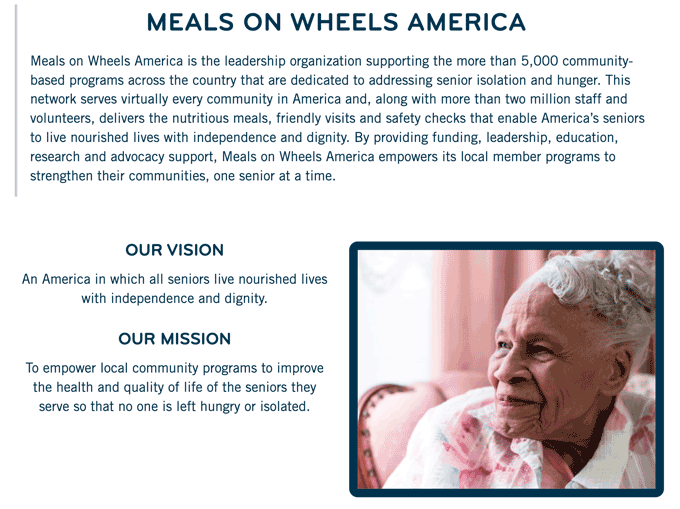 Image of the Meals for Wheels About page as an example of how to find skills to include on your resume.