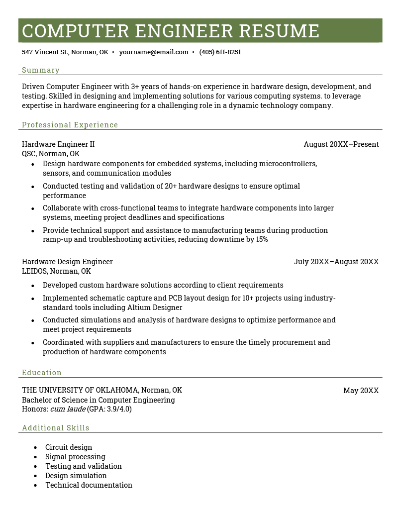 A computer engineer resume using a green resume template.