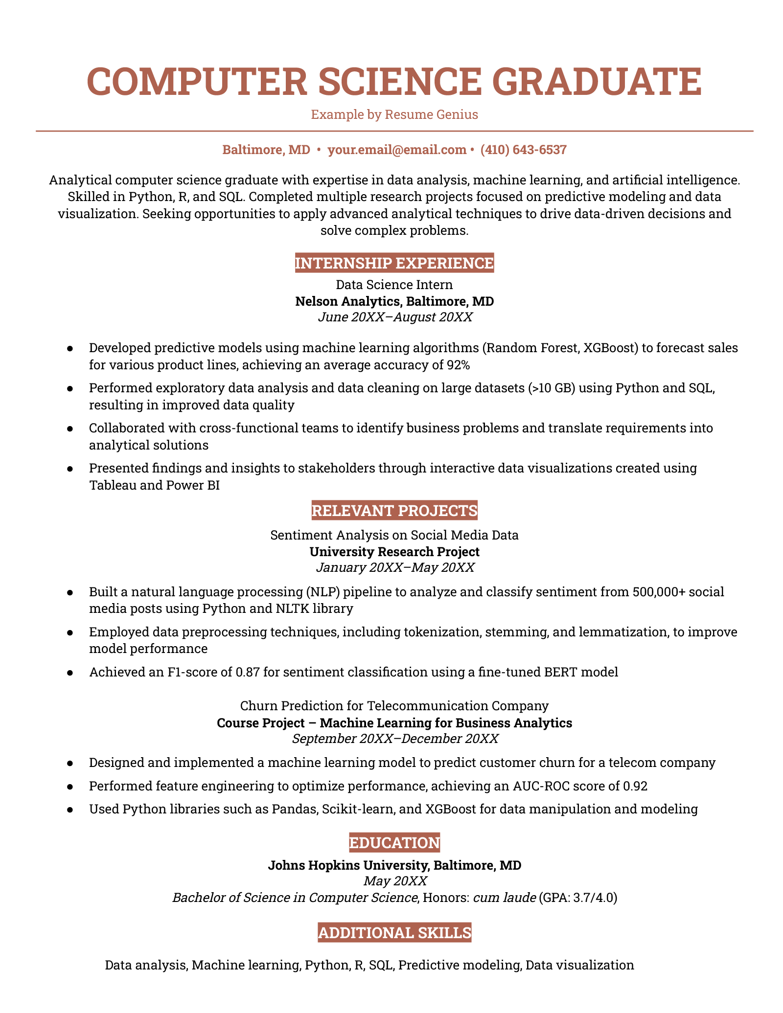 An example resume for a computer science graduate. 