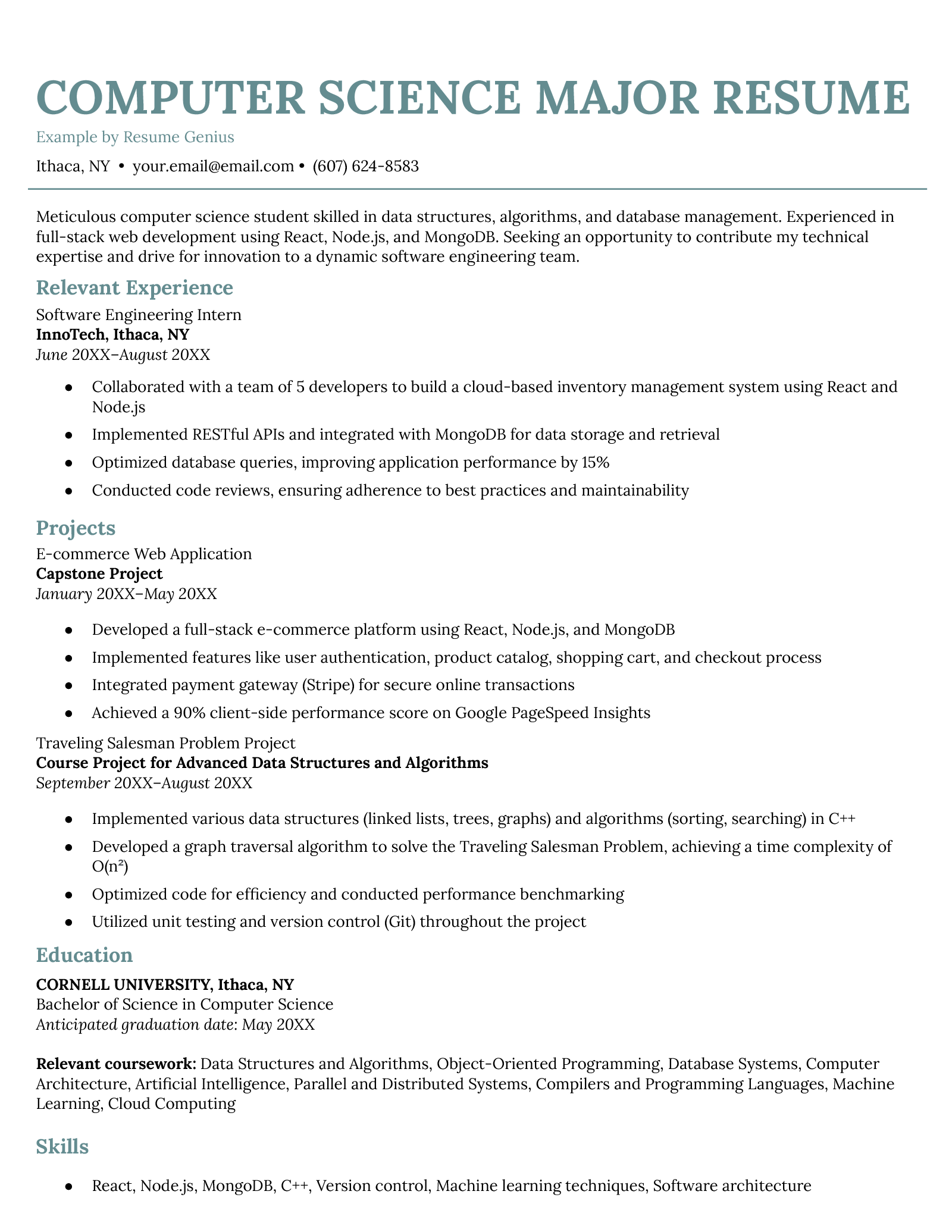 An example resume for a computer science major. 