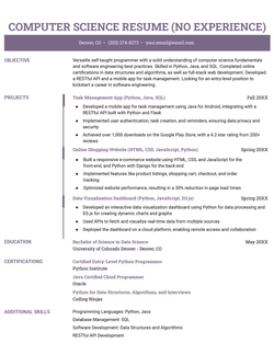 A computer science resume example for a candidate with no experience.