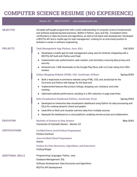 A computer science resume example for a candidate with no experience.