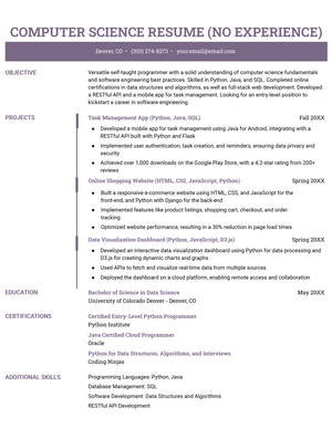 A computer science resume example for a candidate with no experience.