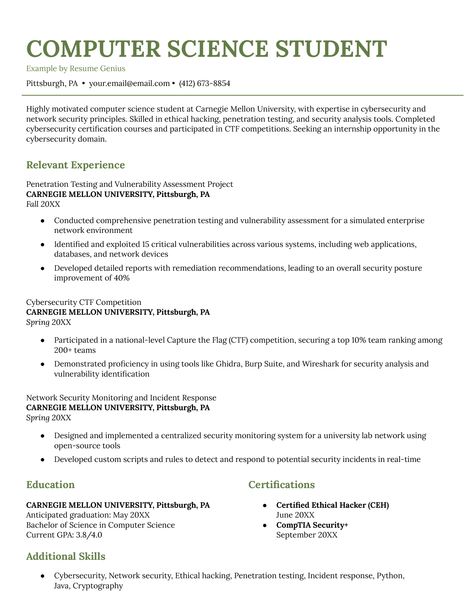 An example resume for a computer science student. 