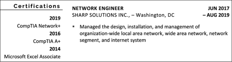 A screenshot of certifications listed on a resume to showcase the candidate's computer skills
