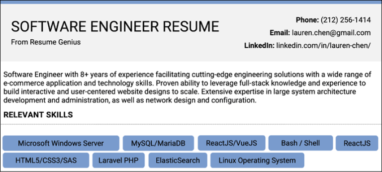 Computer skills listed in the skills section of a software engineer resume