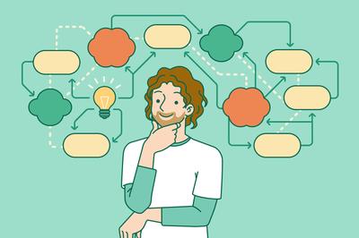 A person thinking in front of a flow chart.