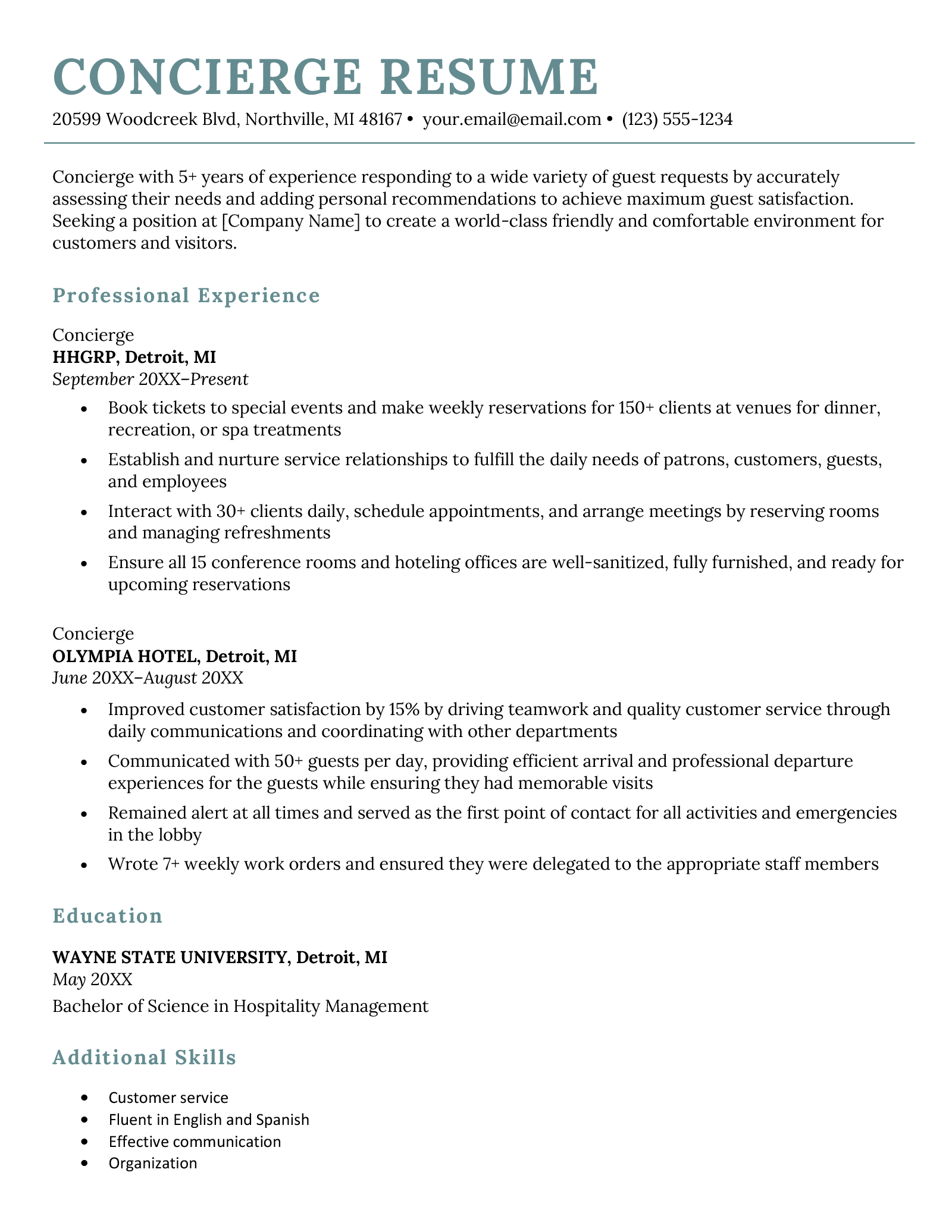 A concierge resume example on a template with turquoise font for the resume header and sections for the applicant’s resume objective, professional experience, education, and additional skills
