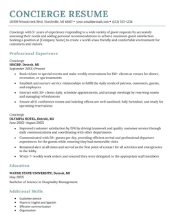 A concierge resume example on a template with turquoise font for the resume header and sections for the applicant’s resume objective, professional experience, education, and additional skills