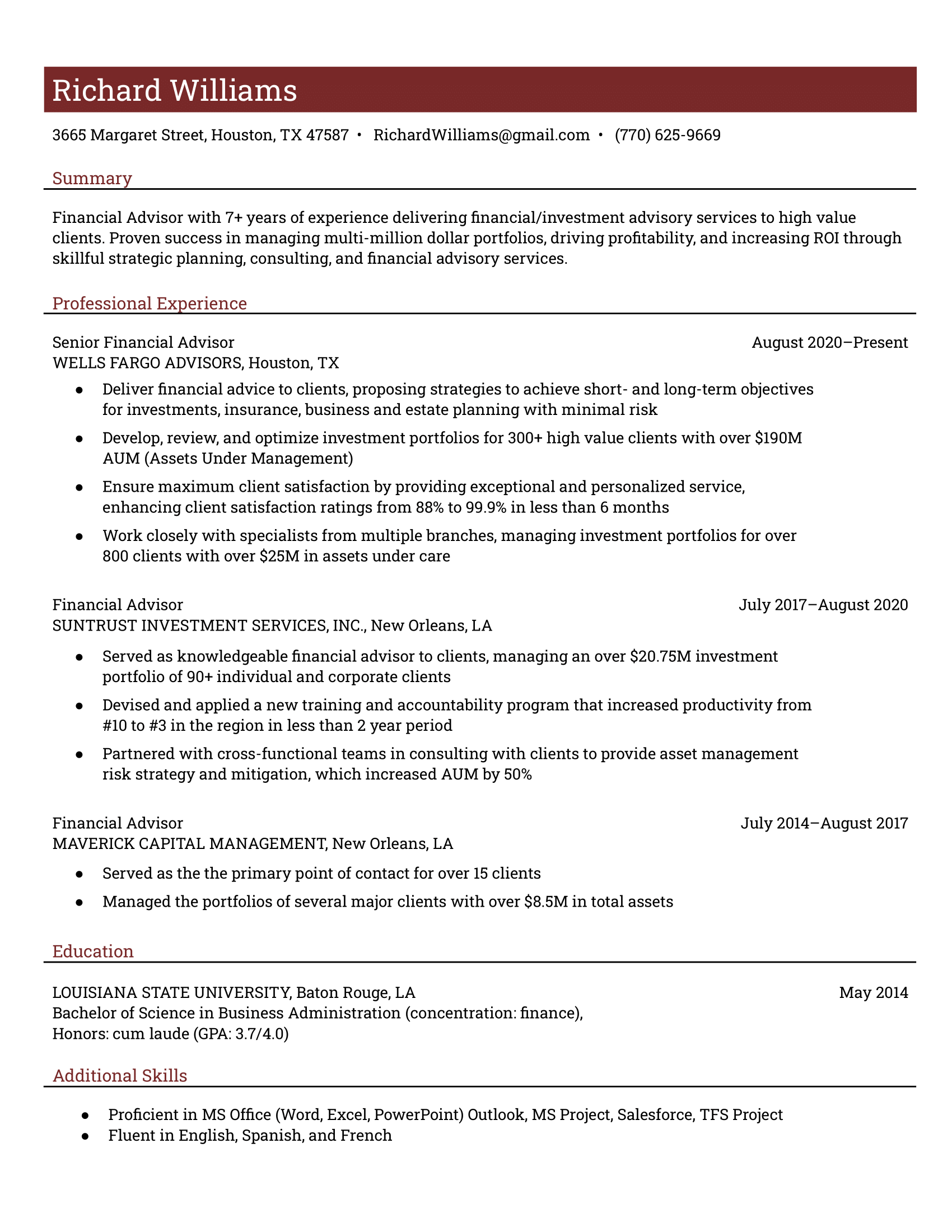 A simple Google Docs resume template in brick red.