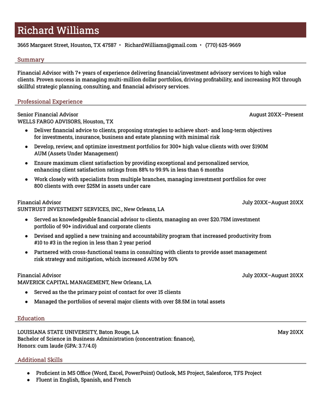 A simple Google Docs resume template in brick red.