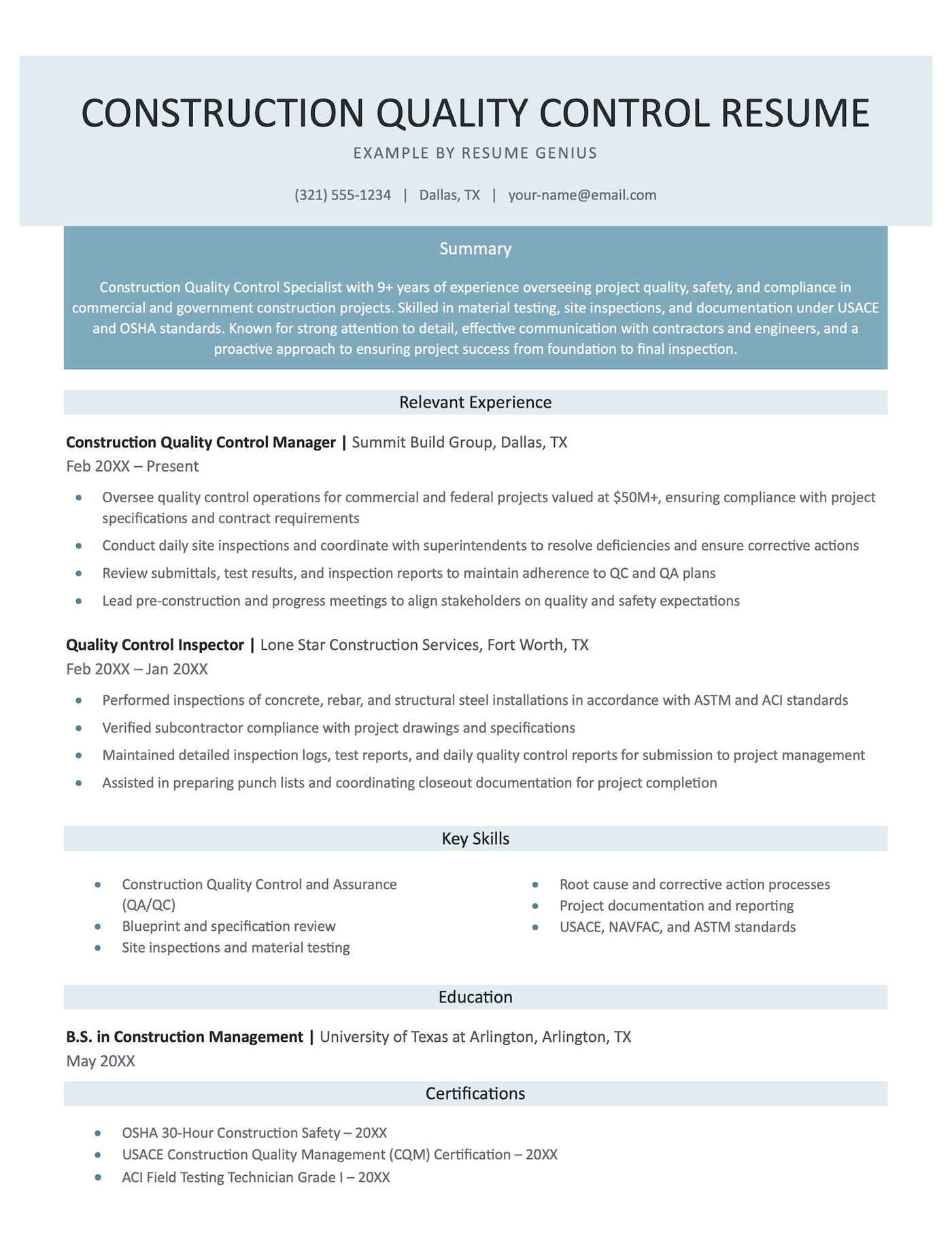A construction quality control resume example.