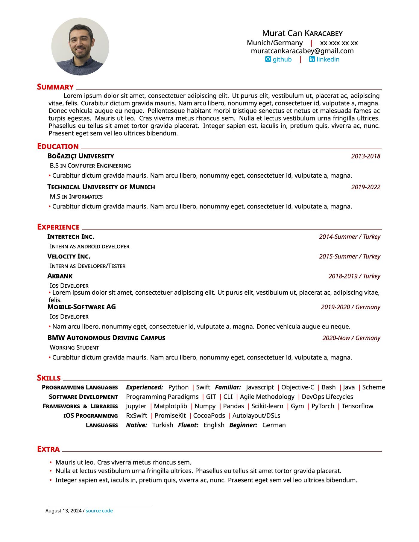 Contemporary LaTeX resume template.