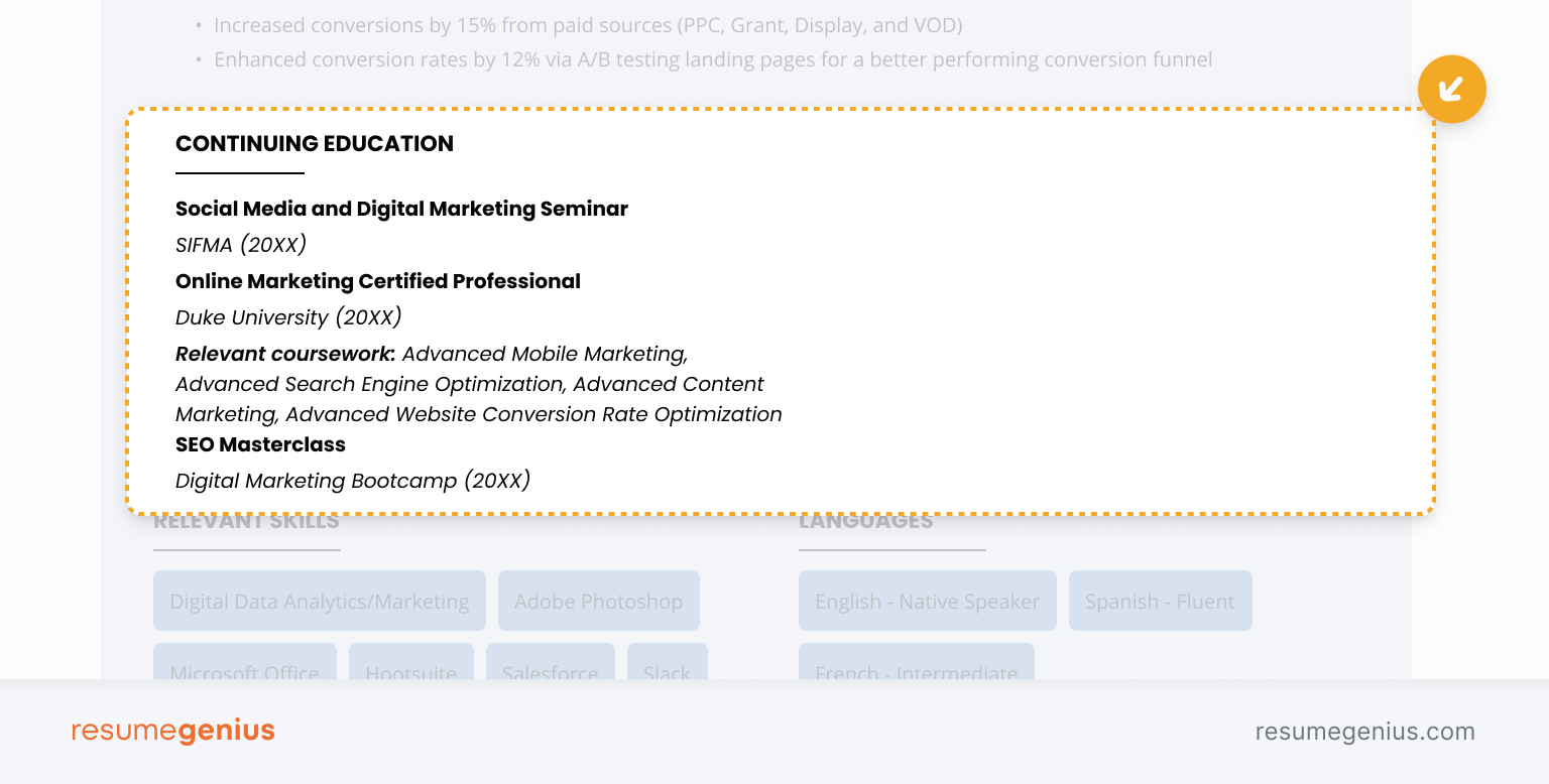 An example of how to list continuing education on your resume in a separate section.
