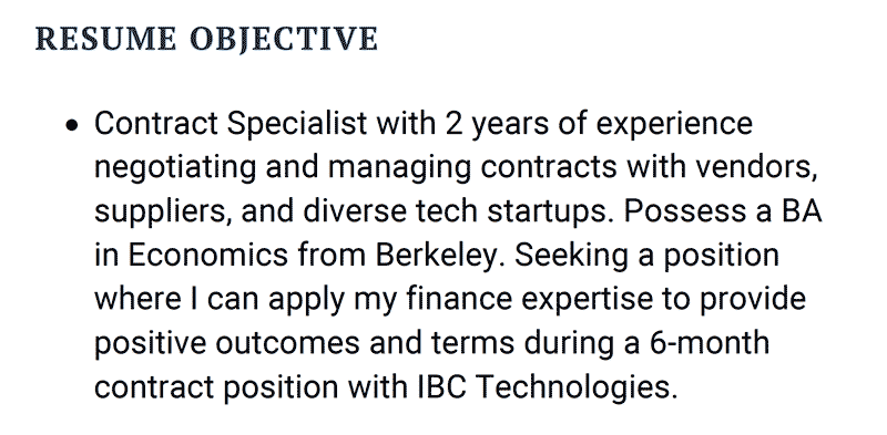 An example of a contract specialist resume objective highlighting the applicant's top skills and experience with contract work