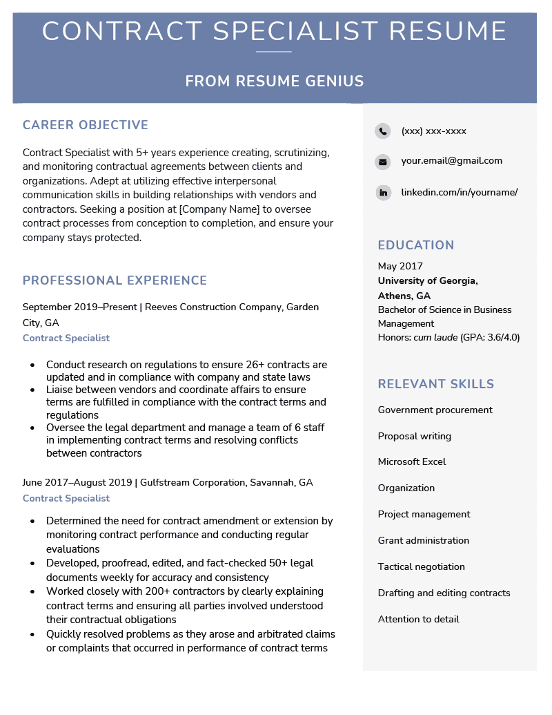 A contract specialist resume sample with a blue background for the resume header and icons displayed beside the applicant's contact information