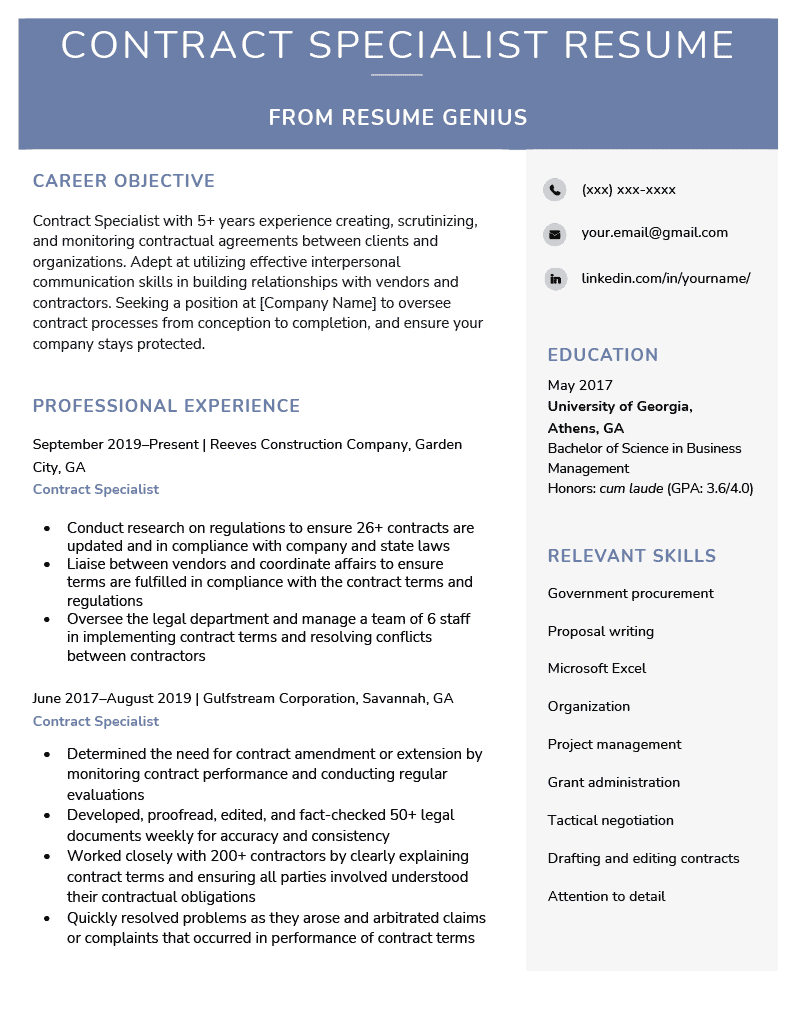 Resume for Contract Specialist - Sample & Tips