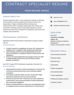 A contract specialist resume sample with a blue background for the resume header and icons displayed beside the applicant's contact information