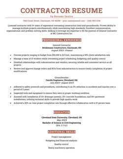 A contractor resume using a professional template with a coral-colored header and resume sections