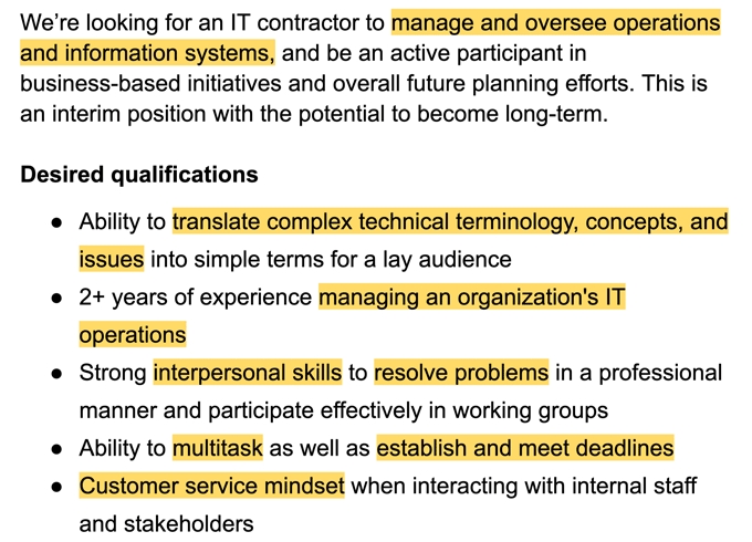 An example of a job description with contractor resume keywords highlighted in yellow