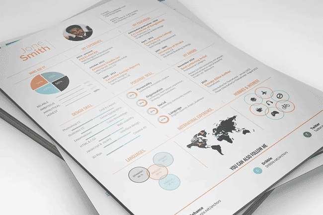 An infographic resume template that uses contrasting colors.