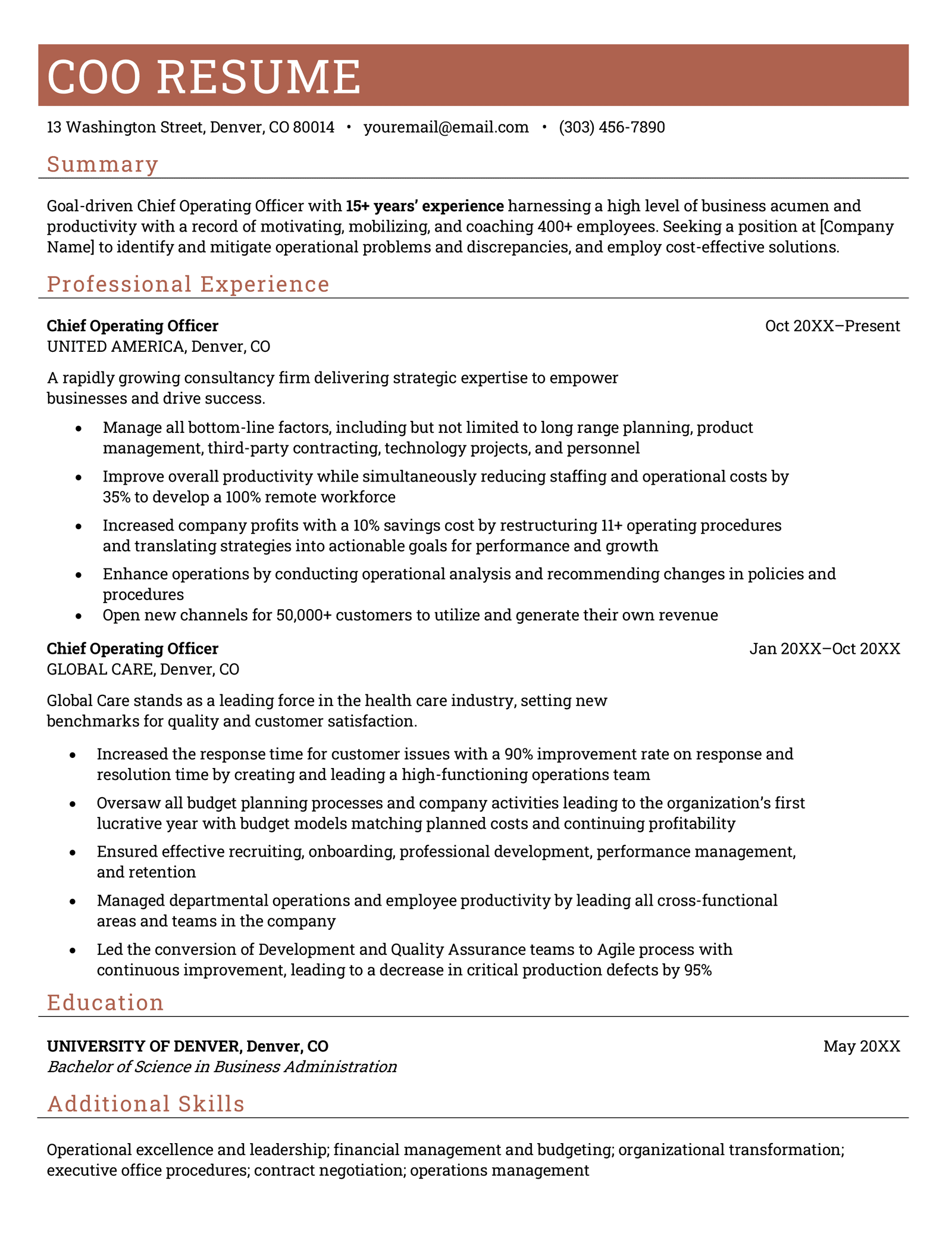 A chief operations officer (COO) resume example with a coral header and a summary, work experience section, education section, and skills section