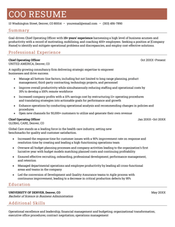A chief operations officer (COO) resume example with a coral header and a summary, work experience section, education section, and skills section