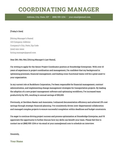 A coordinating manager cover letter example using a green template.