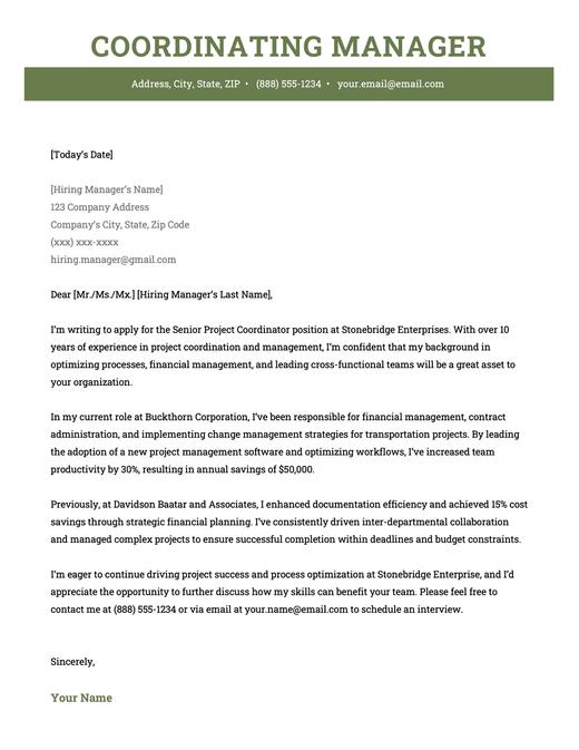 A coordinating manager cover letter example using a green template.