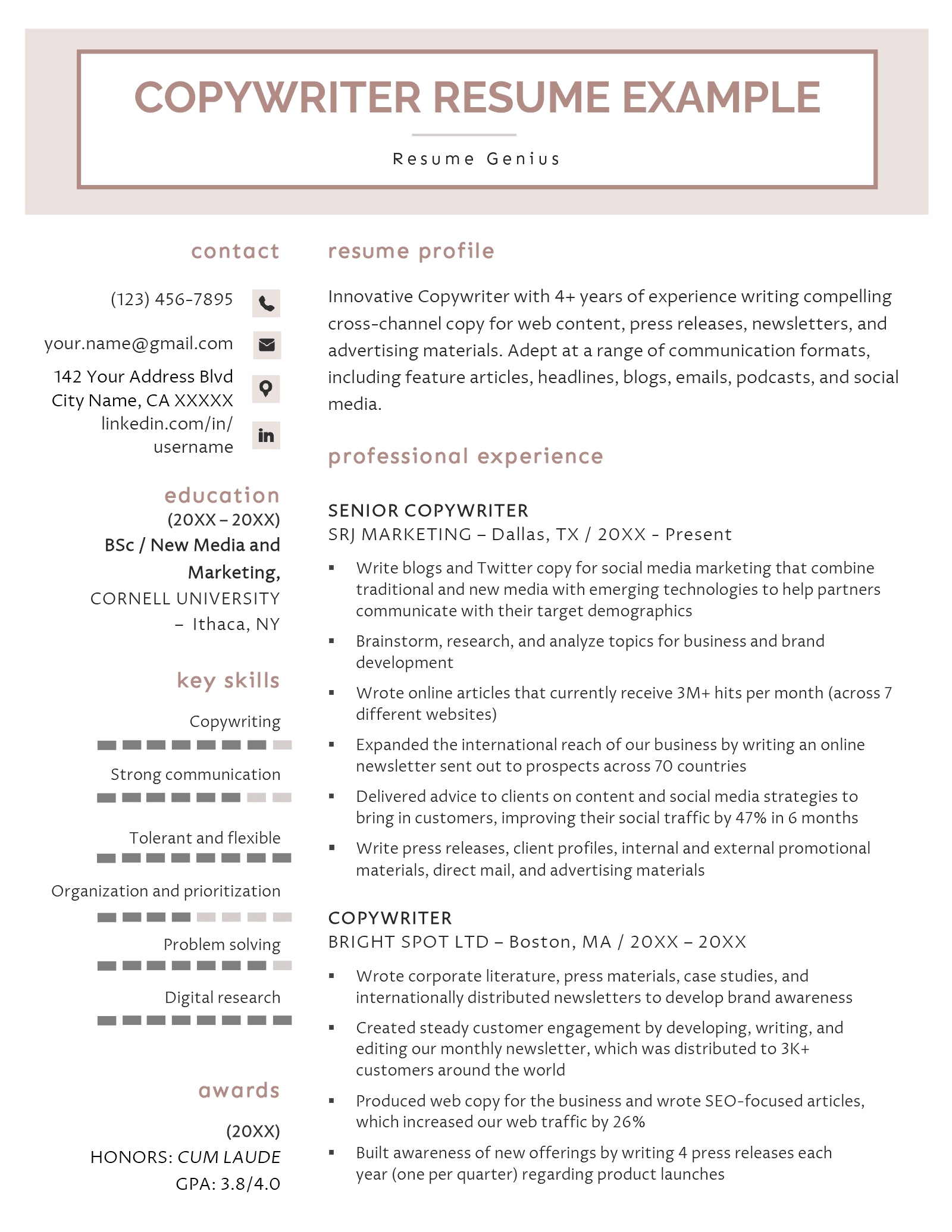 A copywriter resume sample with a pink header to make the applicant stand out